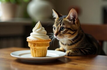A tabby cat is sitting at a table with a plate of ice cream in a waffle cup in front of him.