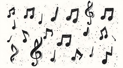 Black Musical Notes and Symbols Scattered Across a White Background