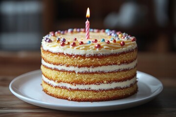 Delicious layered birthday cake with candle and sprinkles
