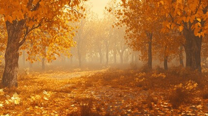 Fototapeta premium Golden hour in an autumn forest with leaves creating a serene and dreamy landscape