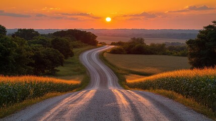 Winding road leads to the sunset through fields. Serene farmland vista
