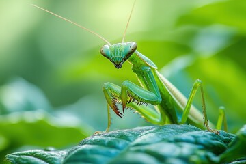 Green Praying Mantis Portrait on Leaf in Natural Setting Captivating Insect Close Up and Detailed View