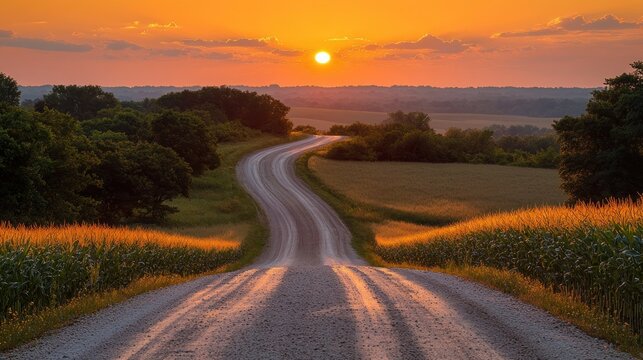 Winding road leads to the sunset through fields. Serene farmland vista