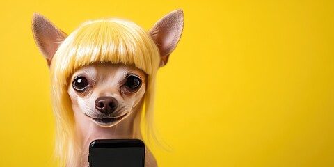 high-strung chihuahua with blonde bob wig using smartphone - let me speak to your manager Karen