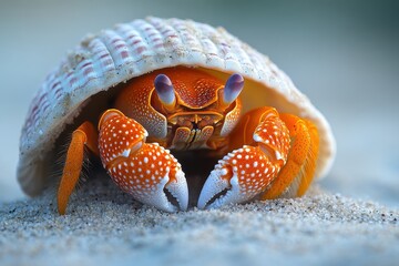 Hermit Crab Emerging from Seashell on Sand Dune Exotic Marine Life Crustacean Animal Close Up Photography