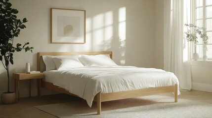 Fototapeta premium Sunlit bedroom with wooden bed and minimalist decor