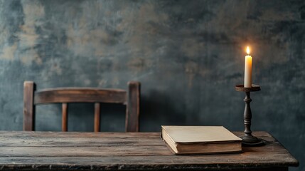 Candlelit study session with old books home office cozy ambience intimate setting warm lighting