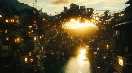 Obraz premium Steampunk city skyline at sunset over a canal