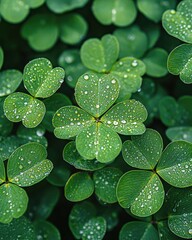Fototapeta premium Lucky Clover Patch Sparkling with Dew Drops Capturing the Essence of Spring and Natural Beauty