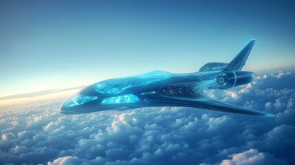 Obraz premium Futuristic aircraft soaring above clouds showcasing innovative aviation technologies in the sky