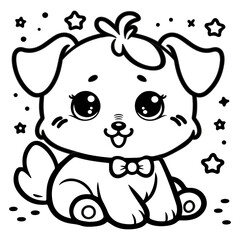 Coloring Page with cute cartoon baby animal, vector dog, puppy, Coloring book for kids, children. Easy simple line drawing, black white vector illustration for toddler, preschool children, printable