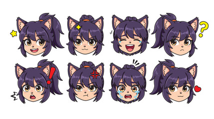 Avatares, Conjunto de Emojis Kawaii Face, Vector Diseño Arte 2D Comunicación de rostro con diferentes emociones, Kawaii Cara Emojis de chica gato Amime, Adorable Y Expresivo Niño O Niña Lindo