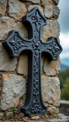 A black metal crucifix with a decorative cross design affixed to an old brick wall, suggesting history and religion.