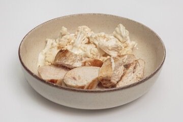 The image shows a bowl filled with a variety of cooked and sliced chicken pieces, as well as pieces of fresh cauliflower. 