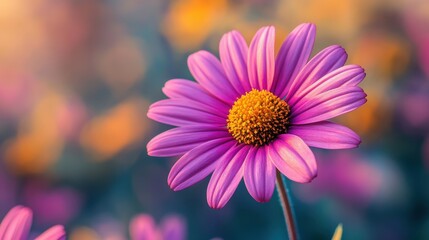 Obraz premium Radiant Purple Daisy Single Bloom Against a Bokeh Background with Artistic Blurry Hues of Color