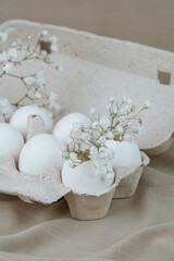 White Eggs with Babe Wreath Flowers in Open Carton.Natural healthy food and organic farming concept