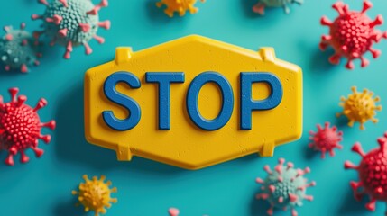 Vibrant stop sign against colorful covid-19 elements digital art bright background bold message