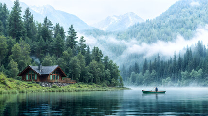 Fototapeta premium Tranquil morning at a lakeside cabin with mist rising in the mountains and a lone person fishing in a green boat