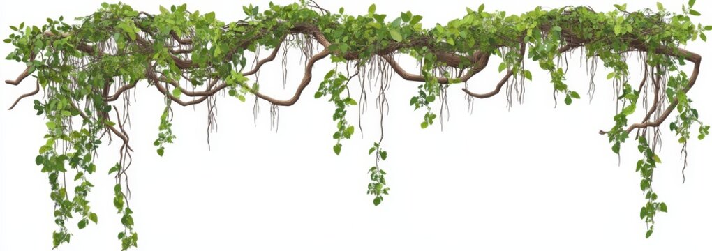 Liana vine border isolated on white serves as the backdrop for a modern cartoon illustration of jungle plants hanging on tree branches, green foliage frame for tropical adventure game landscape,