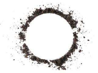 Dirt frame, soil pile in shape circle isolated on white background, top view	