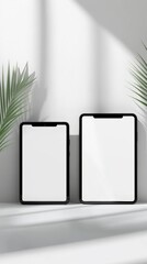Modern Blank Digital Tablets on Minimalist White Surface with Plants