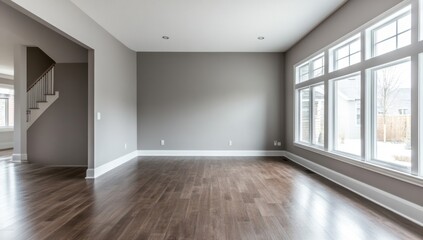 Obraz premium Empty, modern living room with hardwood floors and large windows.