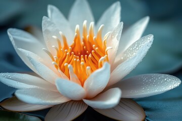 Fototapeta premium Serene White Water Lily Blooming with Golden Stamens and Dewdrops Enhancing Floral Beauty
