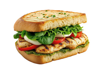 Grilled Chicken Sandwich with Fresh Spinach, Sliced Tomatoes, Mozzarella, Pesto Sauce and Garlic Butter on Toasted Ciabatta Bread Isolated on Transparent and White Background