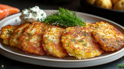 Fototapeta premium Spring, summer menu dishes from the card. traditional potato dish, fried potato pancakes.asian dumplings dish