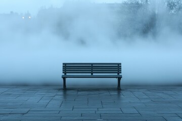 A solitary bench sits in a foggy park, evoking a sense of peace and quiet contemplation.