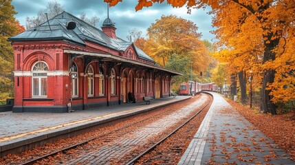 Autumnal Train Station in Fall Foliage
