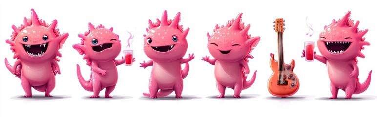A playful cartoon character design is showcased in this set of cute pink axolotl mascots, which display various emotions like drinking smoothies, showing their tongues, swimming upside down, and