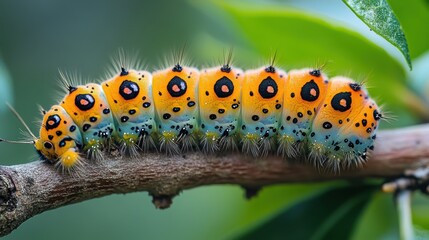 Vibrant Caterpillar Crawling on Branch in Sunlight Close Up Macro Shot Wildlife Beauty Focus Nature