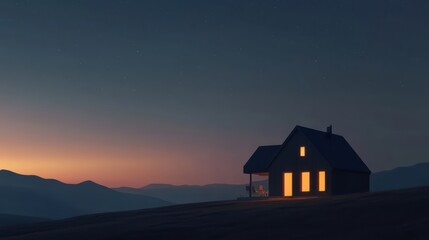 Cozy House at Dusk with Soft Glow and Scenic Mountain View