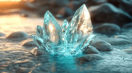 Crystal cluster on beach rocks, bathed in golden light