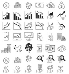 お金、株価、ローソク足、仮想通貨、石油、ゴールド（金）、不動産、為替（FX）、配当金など、投資や資産運用に関する白黒アイコンセット