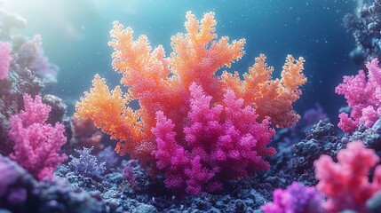 Vibrant coral reef underwater scene with pink and orange corals.