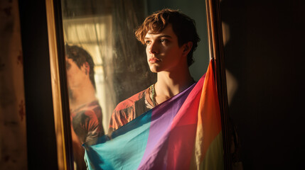 A Portrait of a Transgender Individual Standing Confidently in Front of a Mirror, Showcasing Their Journey of Self-Expression with a Flag Draped Around Their Shoulders