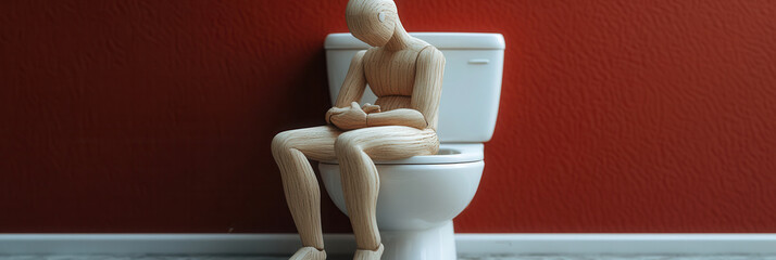 Wooden Figurine on Toilet – Concept of Constipation or Digestive Health Issues