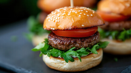 Mini Burger Bite – Perfect for Food Menus & Snack Promotions. a delicious dish, a snack for a party of friends, a mini burger