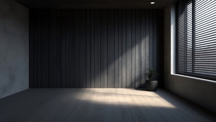 Empty modern room with dark walls and wooden planks, sunlight streaming through a window with Venetian blinds.