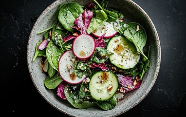 Fresh green salad with spinach, radish, cucumber, and nuts in a bowl.