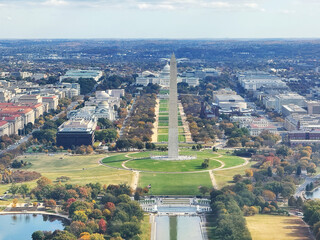 Aerial view of The Washington DC. Washington Monument and Congress. The WW2 Memorial, the Washington Memorial, and the U.S. Congress can be seen in a straight line. © Westy72
