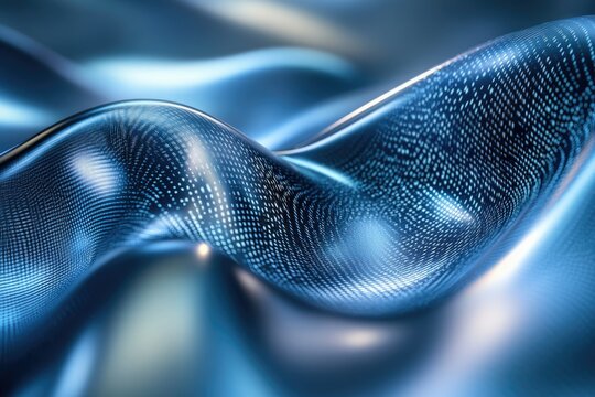 Abstract blue waves with embedded data points, representing digital flow and transformation.