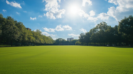 A Pristine University Campus Track and Field Area with Lush Green Grass, Perfect for Athletic Competitions, and Large Empty Space Available for Text or Branding
