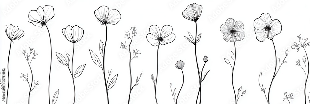 Aufkleber Modern botanical line art featuring delicate floral patterns on a clean white background for minimalist decor Generative AI