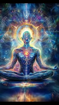 Meditating figure in lotus pose with colorful aura and chakras. AI Generative video.