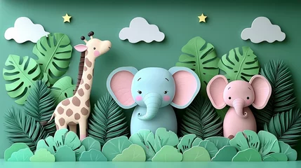 Cute cartoon giraffe and elephants in jungle scene.