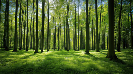 Obraz premium A Summer Forest with Tall Trees Stretching Towards the Clear Blue Sky, Offering Open Space Under the Trees Perfect for Showcasing Banners or Custom Text copy space