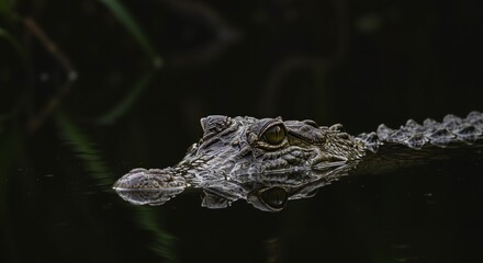 Fototapeta premium Crocodile partially submerged in dark water with reflective surface, conveying a sense of calm and stealth, showcasing its sharp features and piercing eyes surrounded by lush greenery